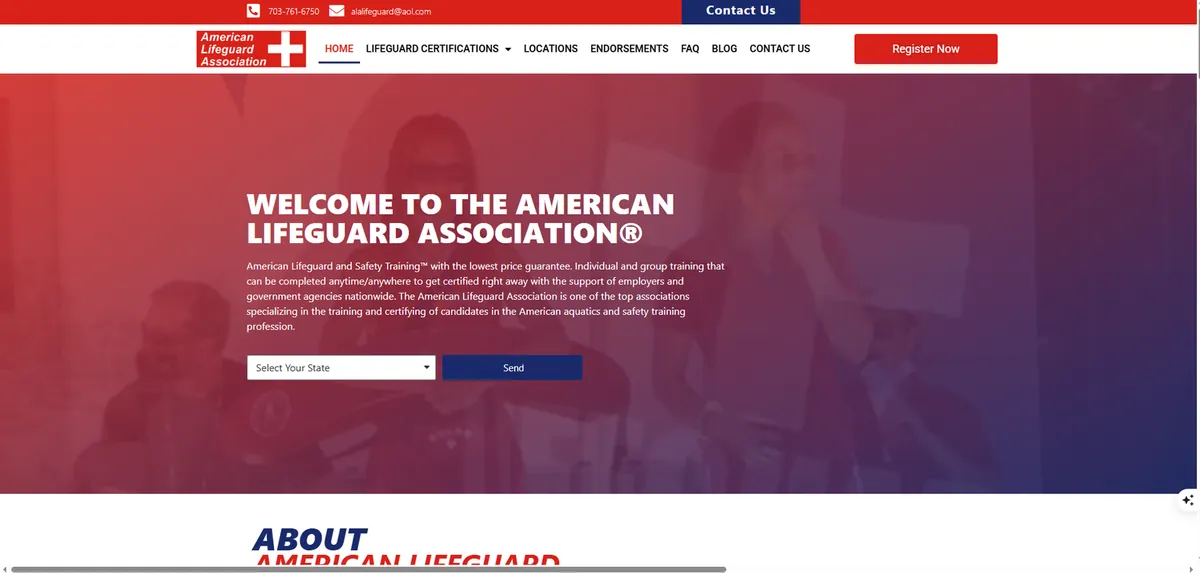 Homepage of the American Lifeguard Association training and certification website
