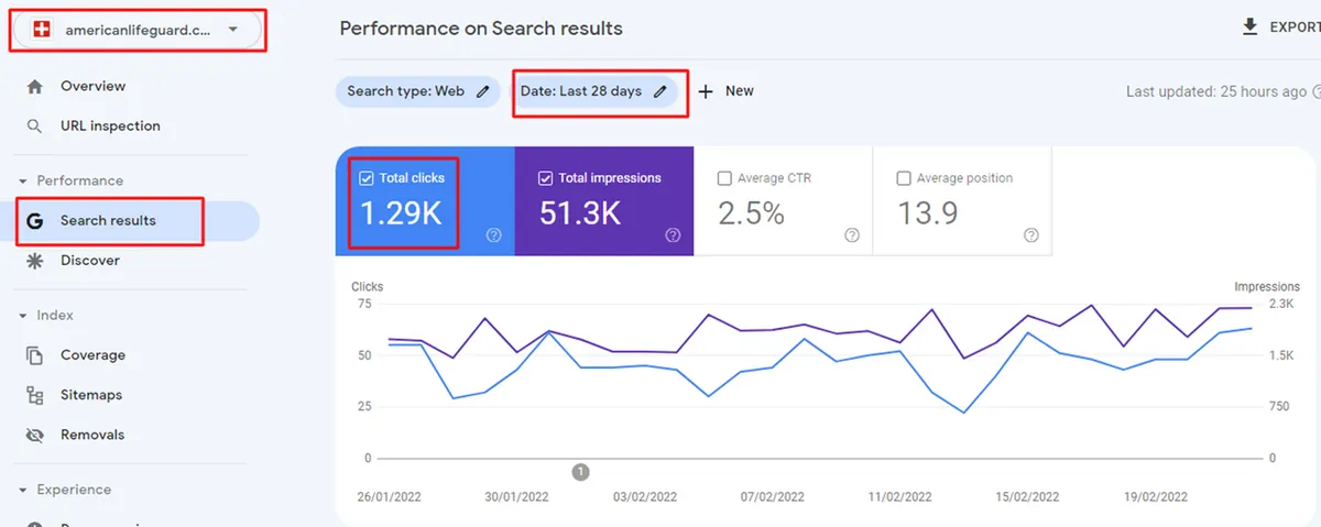 Google Search Console report showing 1.29K clicks and 51.3K impressions in 28 days for the American Lifeguard Association
