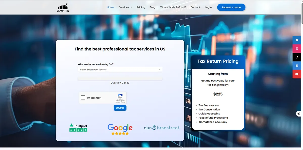 Homepage of Black Ink, a US bookkeeping and tax services website