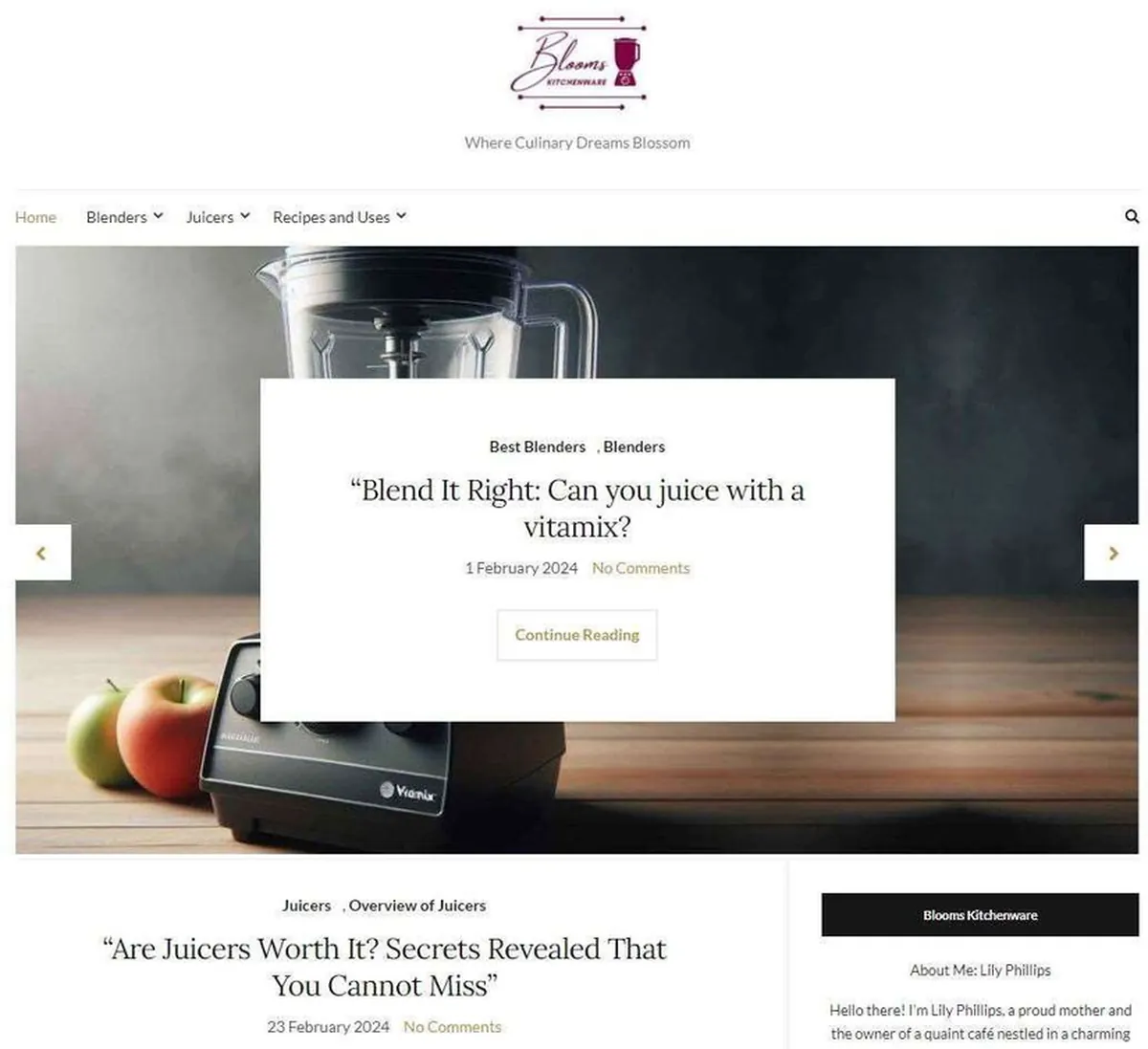 Homepage of BloomsKitchen, a kitchen appliance reviews website