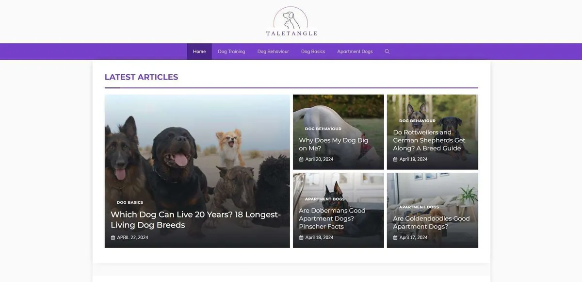 Homepage of TaleTangle, a dog care and training blog
